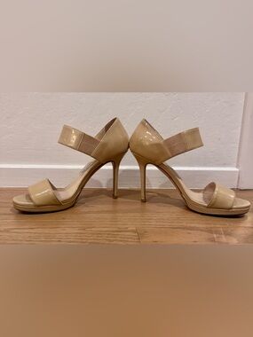 Jimmy Choo Beige Patent Leather Strappy High Heel Sandals